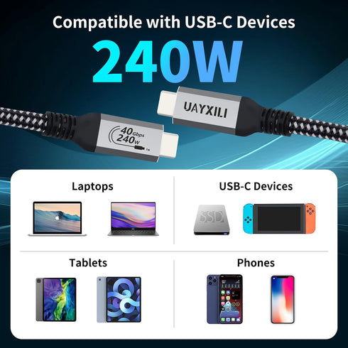 USB 4 Cable for Thunderbolt 4 with 240W Fast Charging, 40Gbps Data Transfer, 8K@60Hz Video, USB4/USB-C (Grey, 4FT)
