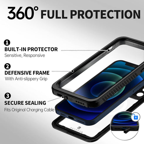 BEASTEK iPhone 12 Waterproof Case, FSN Series IP68 Magnetic Shockproof with Built-in Screen Protector, 6.1 inch (Black)
