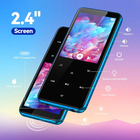 AGPTEK 64GB MP3 M3 2.4 inch 128GB(Blue) Player with Bluetooth, Music Player with Speaker and FM Radio, Touch Buttons