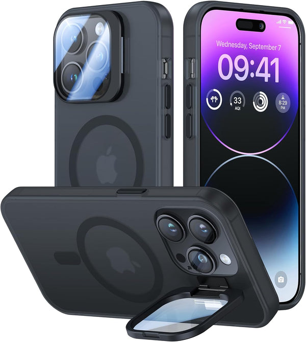 iPhone 14 Pro Case, Black Military Grade Shockproof, 6.1" with Metal Camera Stand & 9H Lens Protector, MagSafe