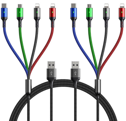 10ft 2Pack Multi Charging Cable - Fast 4 in 1 Braided USB Cable for iPhone, Type C, Micro USB, Samsung, LG, Tablets &