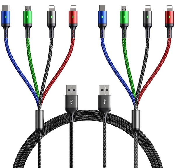 10ft 2Pack Multi Charging Cable - Fast 4 in 1 Braided USB Cable for iPhone, Type C, Micro USB, Samsung, LG, Tablets &