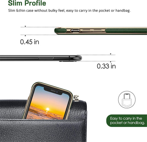 LOHASIC Luxury Leather iPhone 11 Pro Case – Slim Designer PU Cover with Electroplated Frame, Dark Green