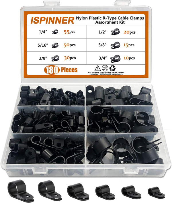 ISPINNER 180pcs Nylon Plastic R-Type Cable Clamps - Assortment Kit for Cable Conduit, 1/4" to 3/4" Clips, Black
