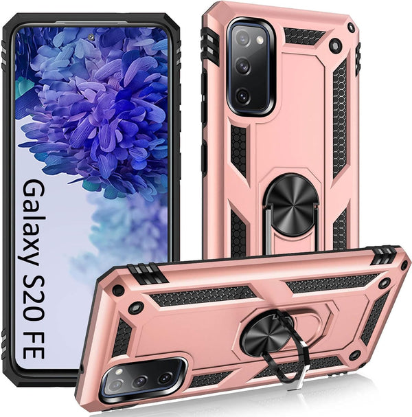 ADDIT Samsung S20 FE Case, Heavy Duty Military Grade with Kickstand Ring & Magnet Car Mount - Rose Gold