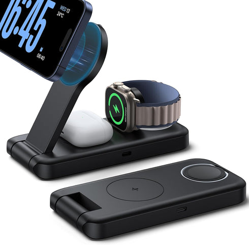 Lamicall 3 in 1 Charging Station for Apple, Magnetic Foldable Wireless Charger Stand, Fast Charging Station for iPhone