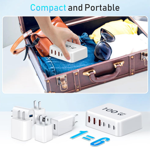 100W GaN USB C Fast Charger Block, Compact 6 Port GaN Charging Station HUB for iPhone 15 14 13 12 Pro Max, iPad Pro