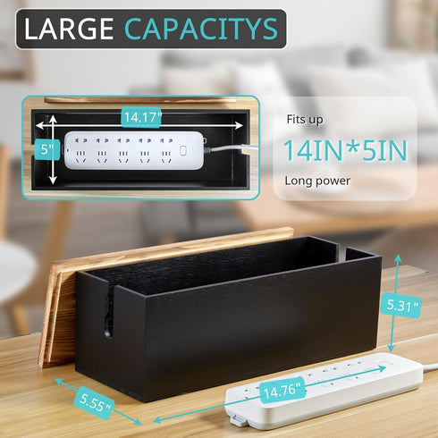 Large Cable Management Box, Wooden Cord Organizer for Under Desk, Hides Extension Cords, Power Stripes, Black