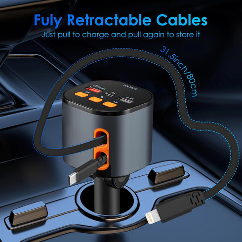 MQOUNY 5 in 1 Fast Car Phone Charger, 90W Retractable Car Charger, Bluetooth 5.3 FM Transmitter Adapter, Handsfree Call