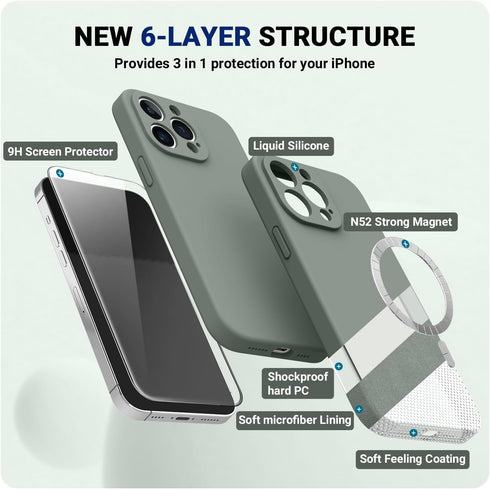 iPhone 14 Pro Case, Calke Green Silicone, MagSafe Compatible, Camera Protection, 6.1", with 2 Screen Protectors.