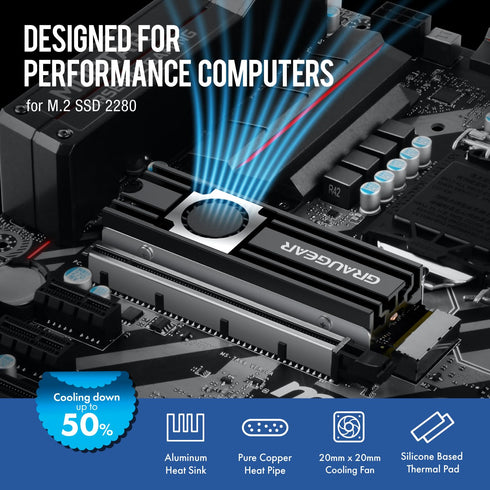 GRAUGEAR M.2 2280 SSD Heatsink with 20mm Cooling Fan, Copper Heat Pipe, Aluminum Plate-Fin Design, Thermal Pads Included