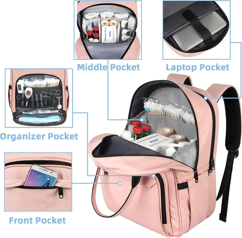 MATEIN Waterproof Nursing Backpack for Women, 15.6 Inch Travel Laptop Bag with Removable Organizer, Pink