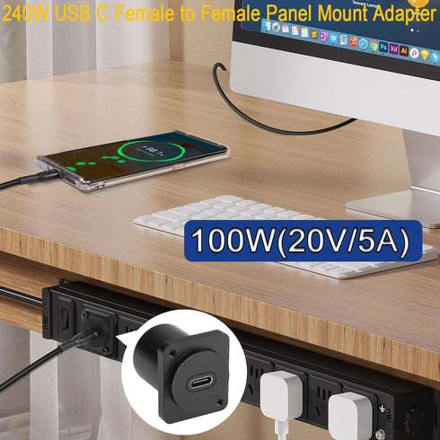 QIANRENON 10Gbps USB C to USB C Panel Mount Adapter Type C 3.1 Female to Female Connector, 100W Charging, for Extension
