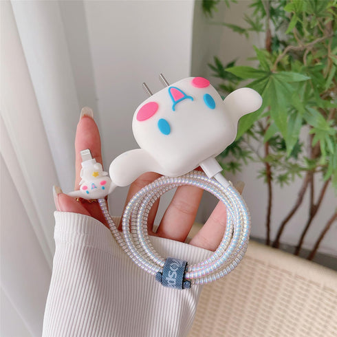 3D Cute Cartoon Charger Protector Case for Apple 20W USB-C Power Adapter and Lightning Cable (White Dog)