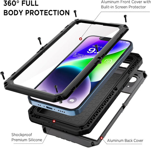 Beasyjoy iPhone 14 Case Waterproof, Heavy Duty Metal Full Body Protective Case with Built-in Screen Protector, Military