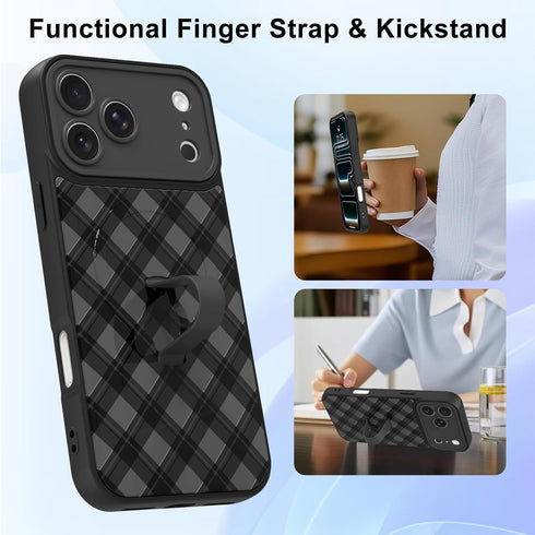 MOWIME 17 Magnetic for iPhone Pro Max Case with Finger Strap Kickstand, Compatible with Magsafe, Cute Checkered