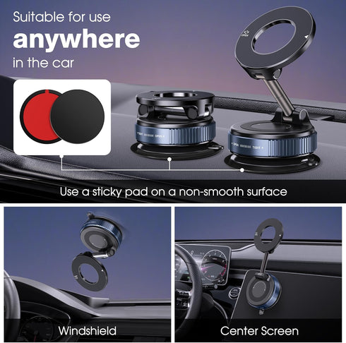 Lunturn 360 Rotatable Vacuum Magnetic Phone Holder, Foldable and Retractable Suction Cup Car Phone Mount