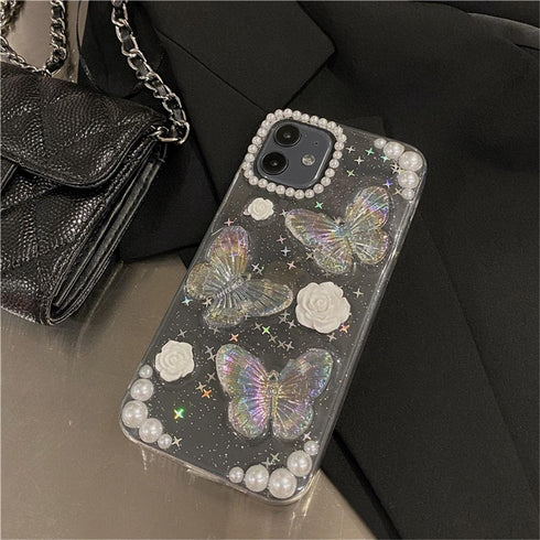 Fycyko 3D Butterfly Floral Clear Phone Case for iPhone 7/8/SE - Cute, Sparkly, Protective Cover with Chain for Girls.