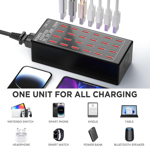 24-Port 100 Watt Charging Station for Multiple Devices, Rapid USB Charging Station for Hotels, Schools, and Travel