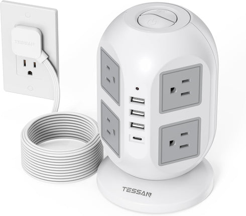 Tower Surge Protector Power Strip, 10 ft, TESSAN Long Flat Extension Cord with 8 AC Outlets and 4 USB Ports