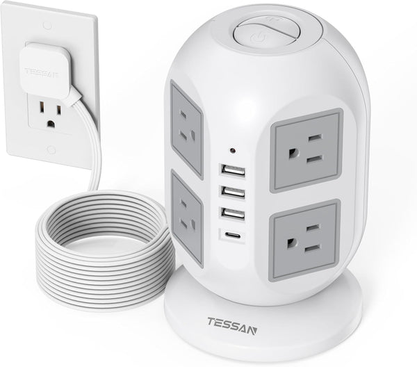 Tower Surge Protector Power Strip, 10 ft, TESSAN Long Flat Extension Cord with 8 AC Outlets and 4 USB Ports
