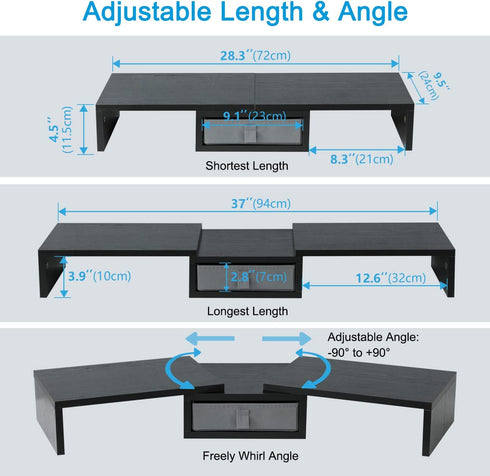 TEAMIX Dual Monitor Stand Riser with Drawer, Adjustable Length and Angle, 37 inch Long Monitor Riser for 2 Monitors