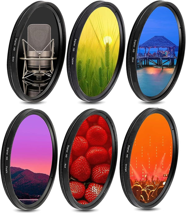 62mm 6 Piece Full Graduated Color Lens Filter Kit Set, Professional Grade for Canon Nikon Sony DSLR Lens