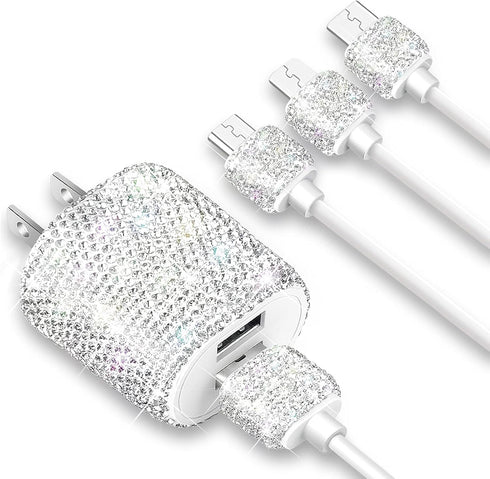 Bling USB Wall Charger with Charging Cable - Fast Block for iPhone Android, 3 in 1 Multi Cable with Crystal Decoration