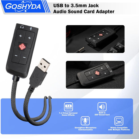 USB to 3.5mm Jack Audio Sound Card Adapter for Kingston Cloud II, Gaming Headset 7.1 Channel for PS5, Xbox