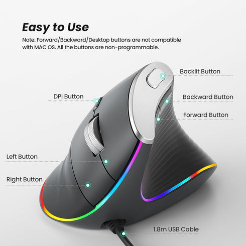 Nulea M504 Wired Vertical Mouse, USB Ergonomic Optical Mouse with 4 Adjustable DPI, Grey