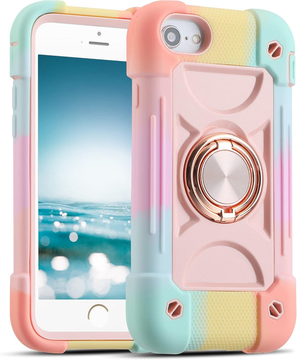 MARKILL Heavy-Duty Military Grade Shockproof Case for iPhone SE3/SE2, 6/6S, 7/8 (4.7") - Rainbow Pink with Ring Stand.