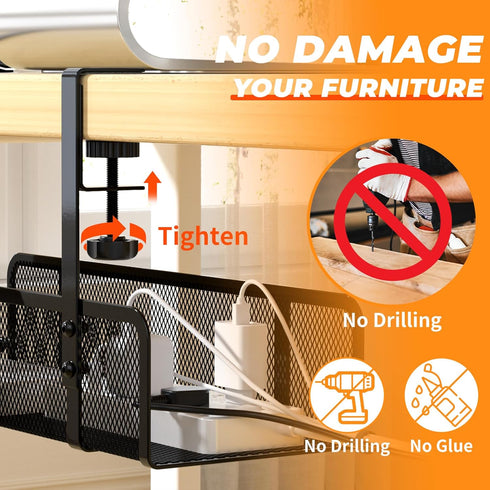 Under Desk Cable Management Tray, Cord Organizer for Desk, No Drill Storage for Office and Home, White