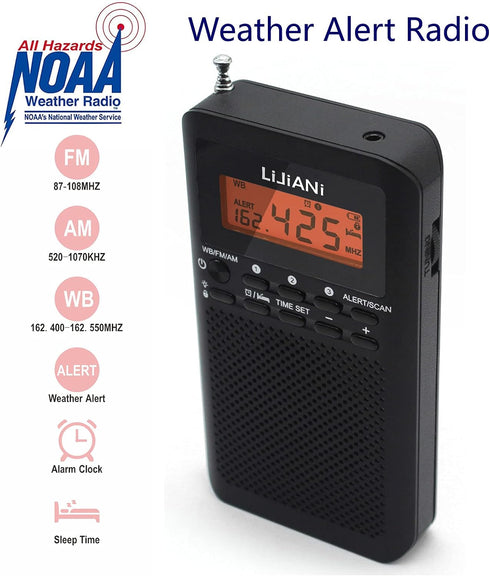 NOAA Weather AM FM Radio, Portable Battery Operated with Stereo Earphone, LCD Display Digital Alarm Clock