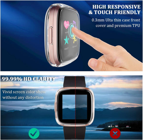 Maledan Ultra Thin Screen Protector Case for Fitbit Versa 2, 3 Pack TPU HD Full Protective Cover, Shock Absorbing