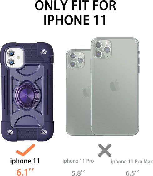 iPhone 11 Case 6.1" - Heavy-Duty Military Grade Cover with Ring Stand & 2 Pack Glass Screen Protectors, Magnetic Car