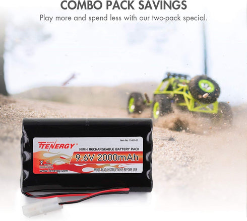 Tenergy 9.6V Flat NiMH Battery Packs - 2000mAh High Capacity 8-Cell Rechargeable Battery Pack for RC Car (2 Packs + 1