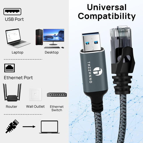 6.6FT, 3.0 RJ45 10/11, USB to Ethernet Cable USB A to Male Cable Directly Connected Gigabit LAN Network, Compatible