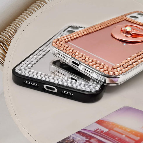 LUVI Bling Diamond Glitter Mirror Case for iPhone 12/iPhone 12 Pro 6.1 inch with Bear Ring Holder Kickstand, Rose Gold