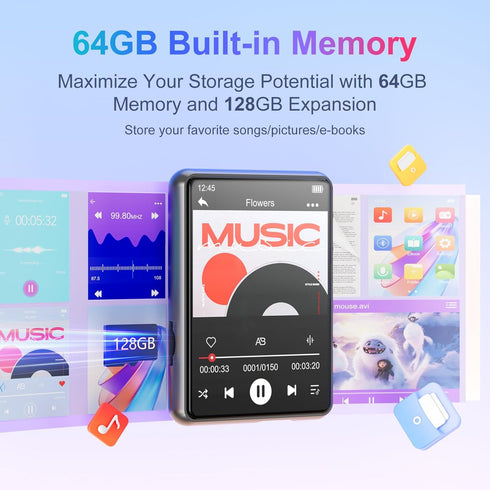MECHEN 64GB MP3 5.3 2.4" 128GB. Player Bluetooth with Full Touch ScreenPortable Digital Music Player with SpeakerFM
