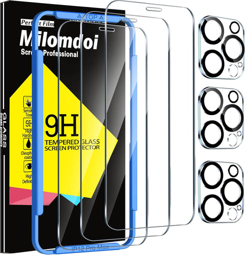 Milomdoi 3 Pack Screen Protector for Apple iPhone 12 Pro Max, Ultra 9H, Case Friendly, with Camera Lens Protectors.