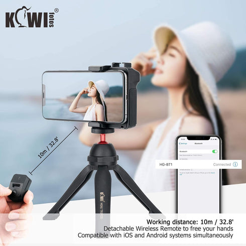 KIWIFOTOS Phone Tripod Mount, Camera Grip Handle Holder with Bluetooth Shutter for iPhone 14 15 Samsung