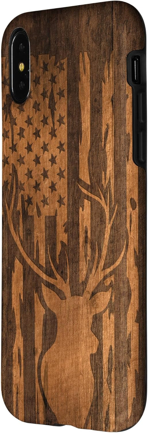 iPhone X/XS Case with Deer Buck and Flag on Wood-like Background