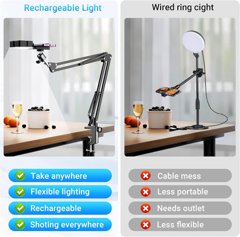 Overhead Phone Mount with Rechargeable Light for iPhone, Desk Tripod with Clamp for Content Creator Camera Recording