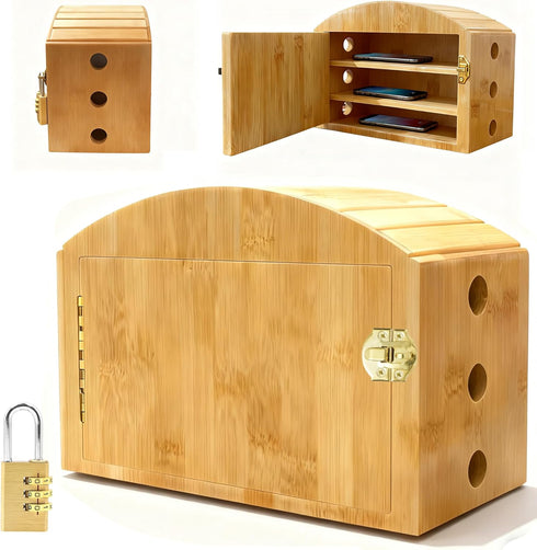 MuyuRise Phone Box for Family Time with Combination Lock, Premium Bamboo Wood Cell