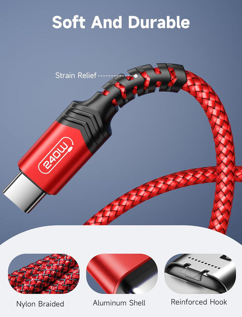 JSAUX 240W USB-C Charge Cable 10FT, Fast Charger for MacBook Pro, iPad Pro, iPhone 15, Samsung Galaxy S23, Pixel-Red.