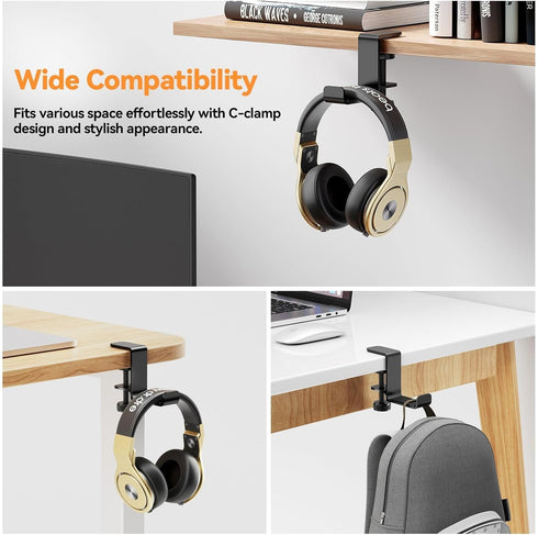 Headphone Hanger Holder Stand - Under Desk Hook with Foldable Space-Saving Aluminum Stand for Gaming PC Accessories
