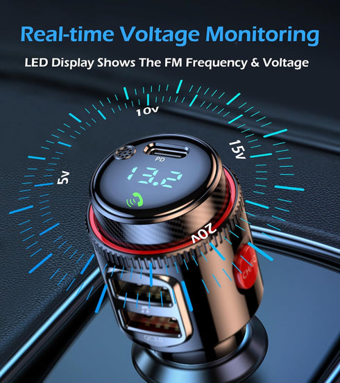 Wireless FM Transmitter Car Bluetooth Adapter, USB C & QC3.0 Dual Fast Charging, Cigarette Lighter Radio Music,