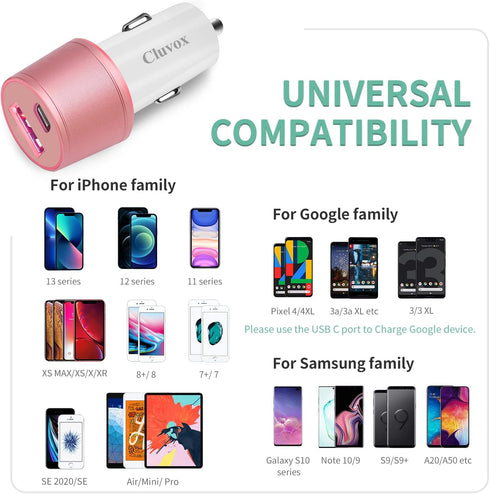 Dual USB Car Charger Adapter, Cluvox 20W Fast Charge Compatible for iPhone 15 Pro Max/Plus/14/13/12/11//XS/XR/8/SE 2020/iPad 8th/Pro/Air 4/Mini, Google Pixel, Samsung Cigarette USB Charger - Pink