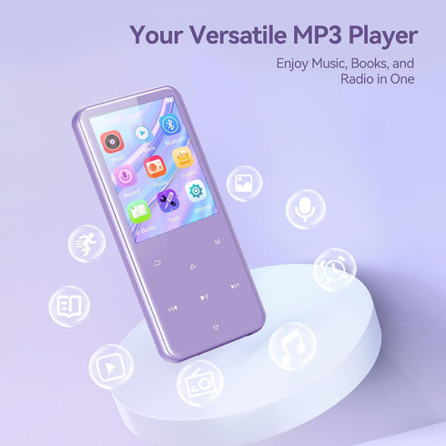 AGPTEK 64GB MP3 M3 2.4 inch 128GB(Purple) Player with Bluetooth, Music Player with Speaker and FM Radio, Touch Buttons