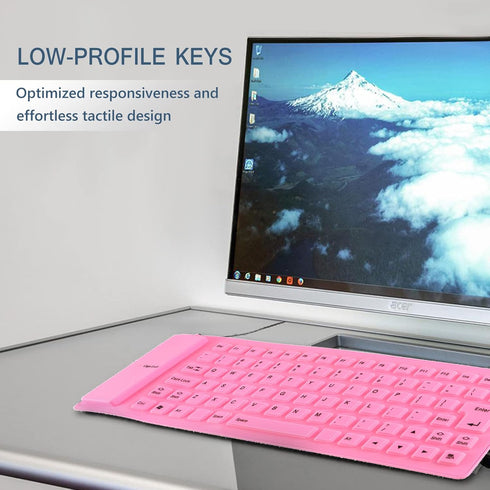 Super Space Foldable Silicone Keyboard, USB Waterproof Travel Gaming Wired Keyboard, Rollup Wired Keyboard with 4.14ft Cable Compatible with Windows, PC, Laptop, Mac Notebook Full Size (Pink)